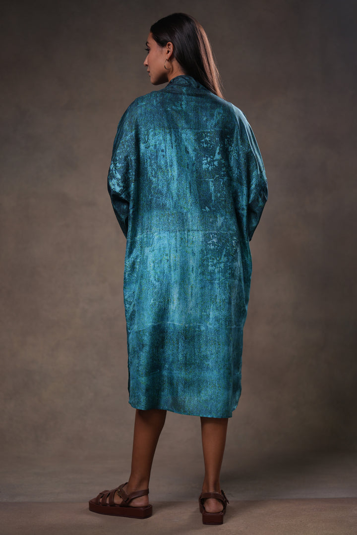 Teal Blue Printed Silk Dress