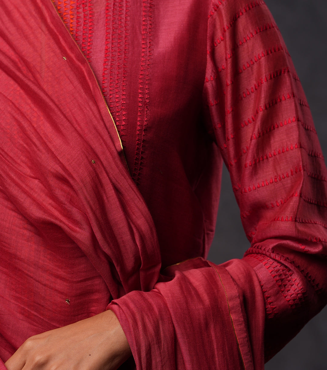 Red Embroidered Cotton Silk Kurta Set