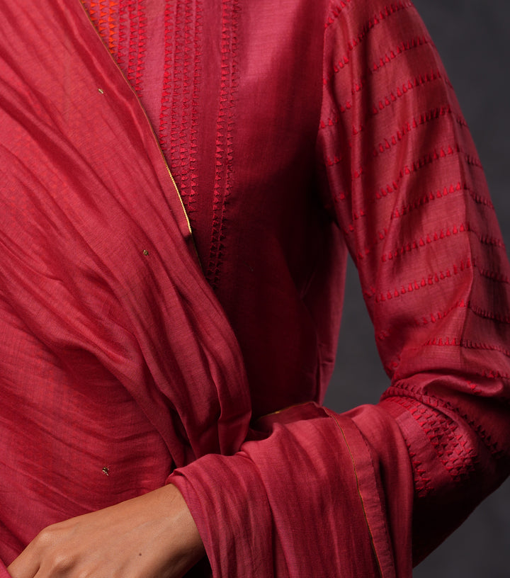 Red Embroidered Cotton Silk Kurta Set