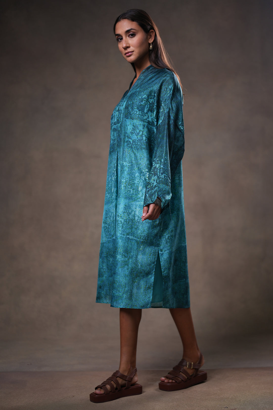 Teal Blue Printed Silk Dress