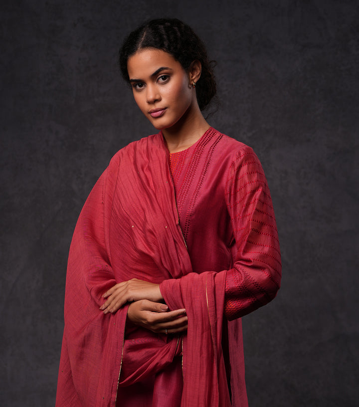 Red Embroidered Cotton Silk Kurta Set