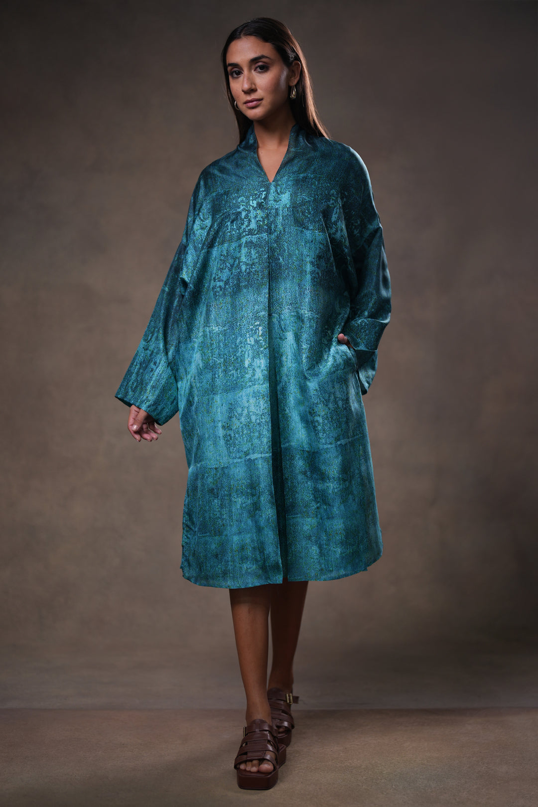 Teal Blue Printed Silk Dress