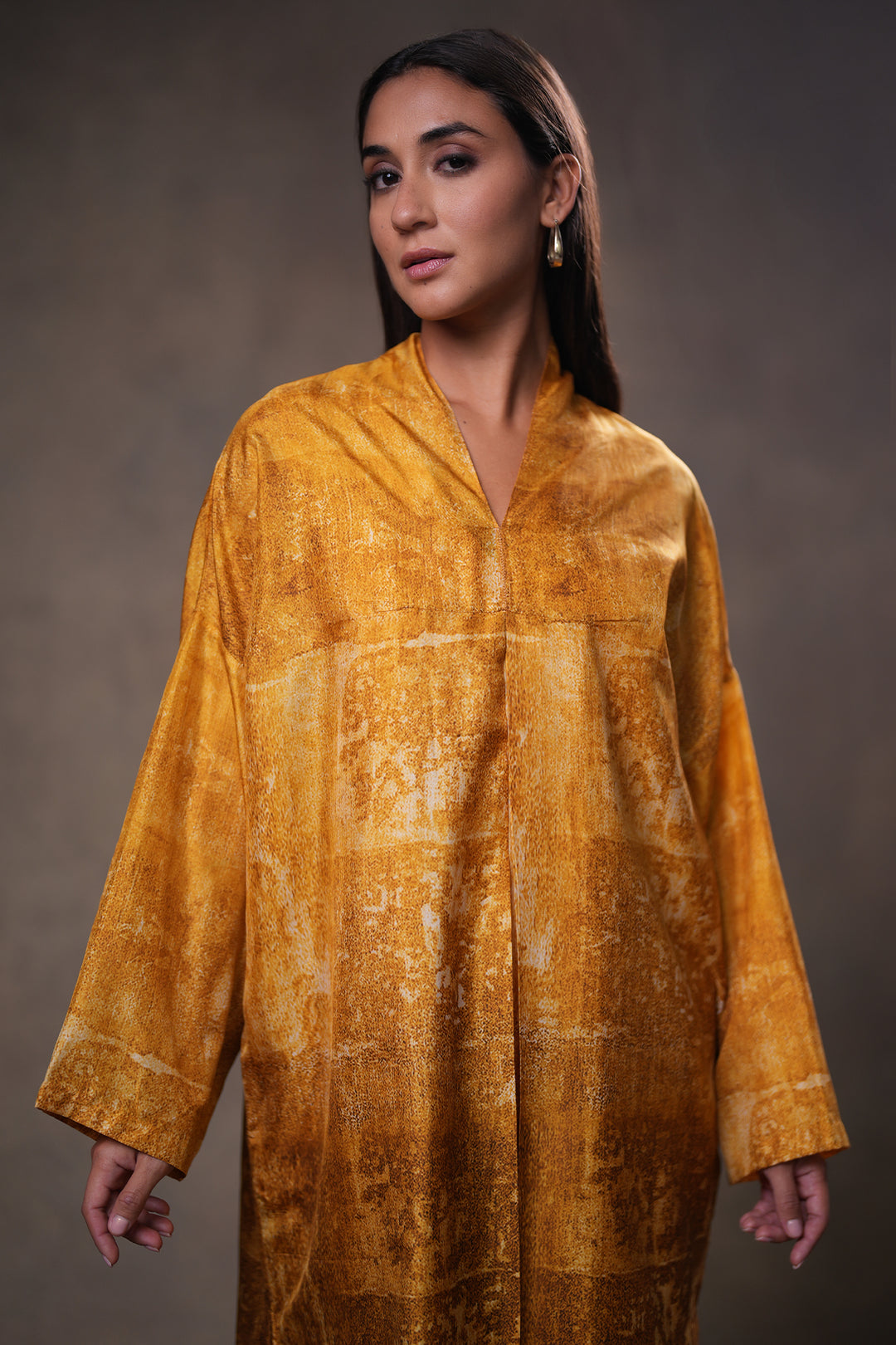 Mustard Yellow Printed Silk Dress