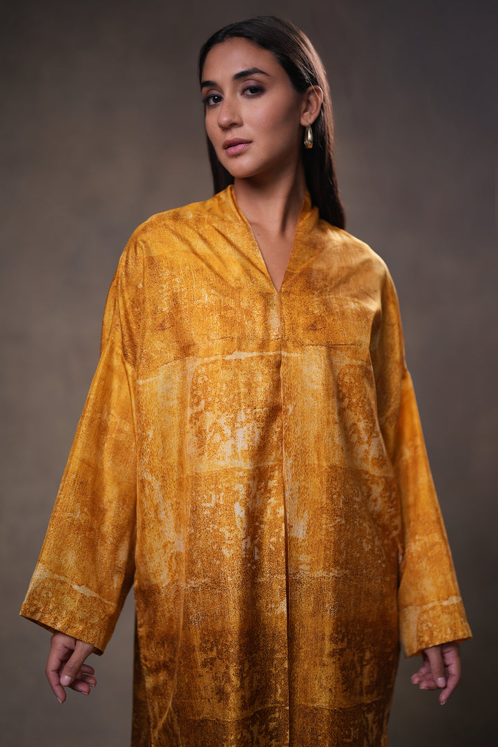 Mustard Yellow Printed Silk Dress