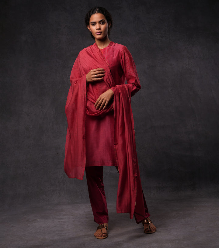 Red Embroidered Cotton Silk Kurta Set