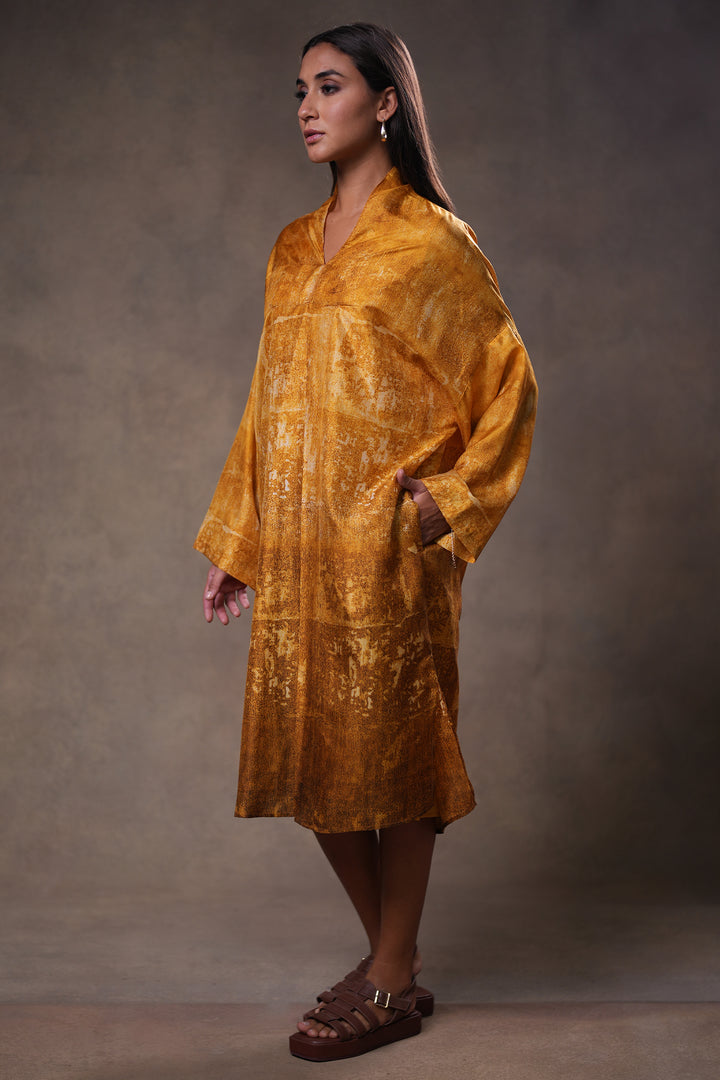Mustard Yellow Printed Silk Dress