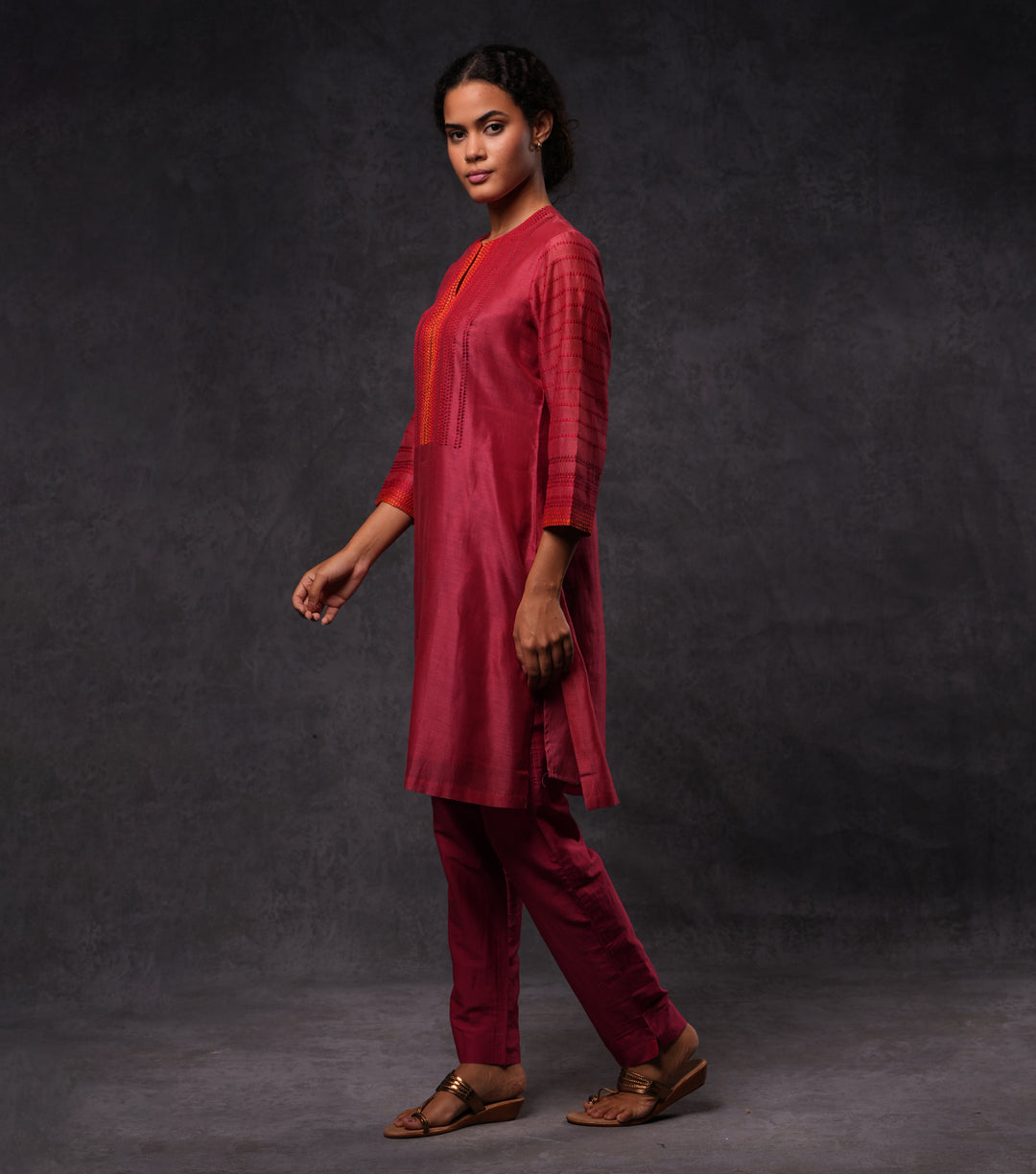 Red Embroidered Cotton Silk Kurta Set