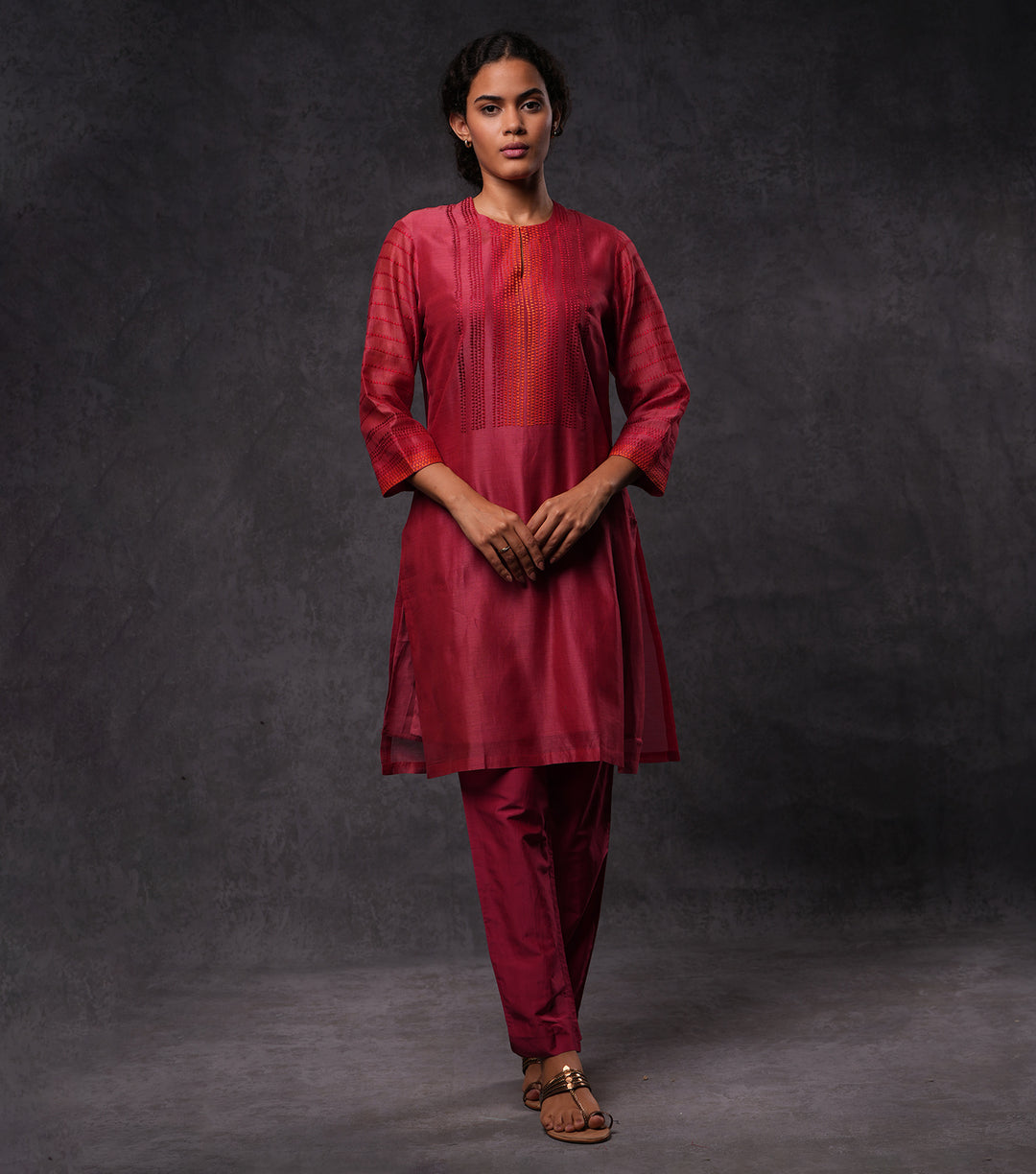 Red Embroidered Cotton Silk Kurta Set