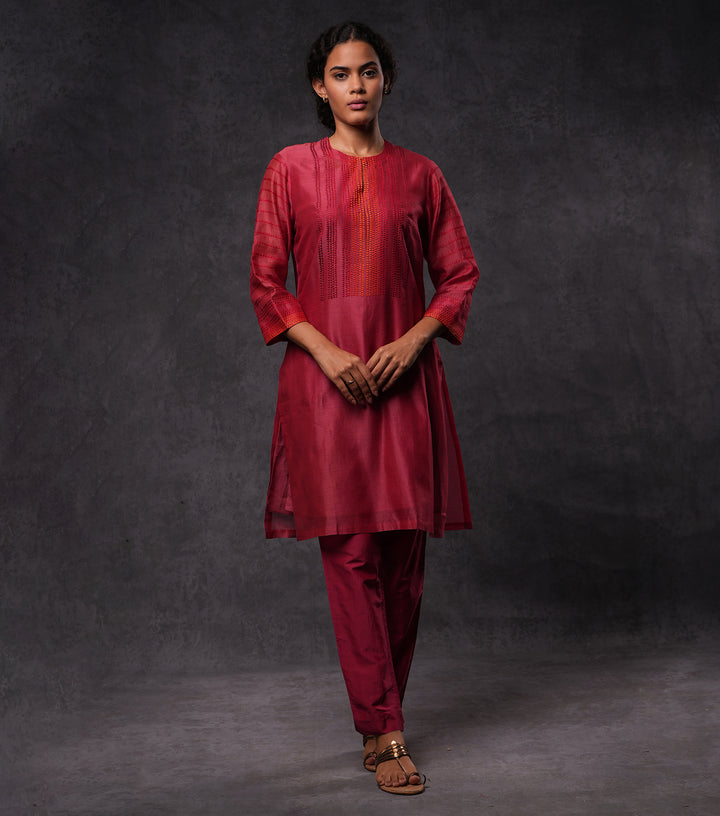 Red Embroidered Cotton Silk Kurta Set
