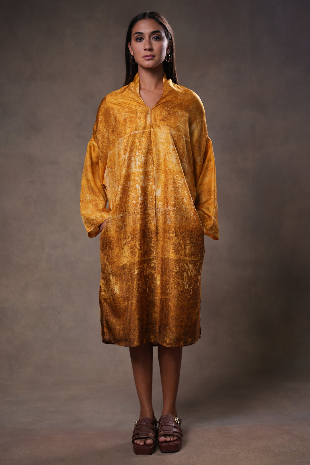 Mustard Yellow Printed Silk Dress