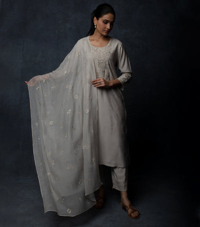 Light Grey Embroidered Chanderi Suit Set