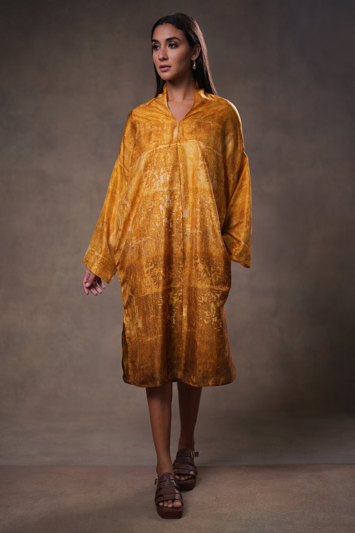 Mustard Yellow Printed Silk Dress