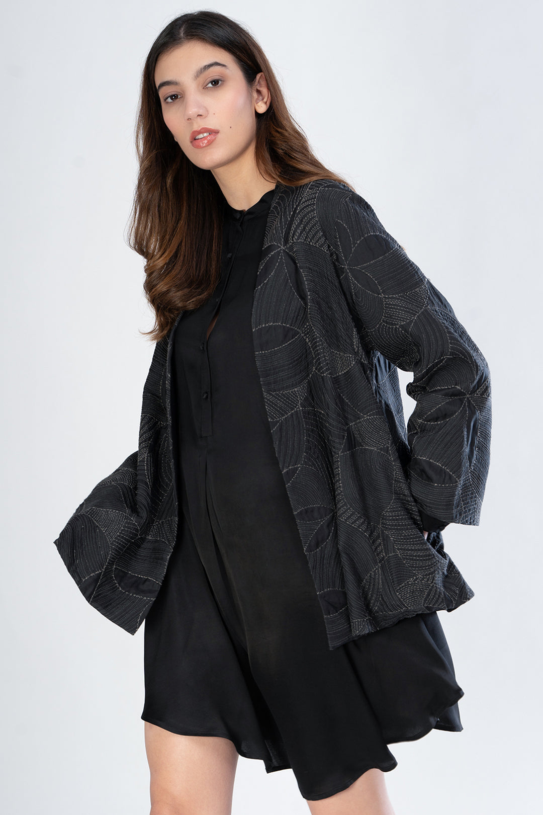 Black Embroidered Quilted Silk Jacket
