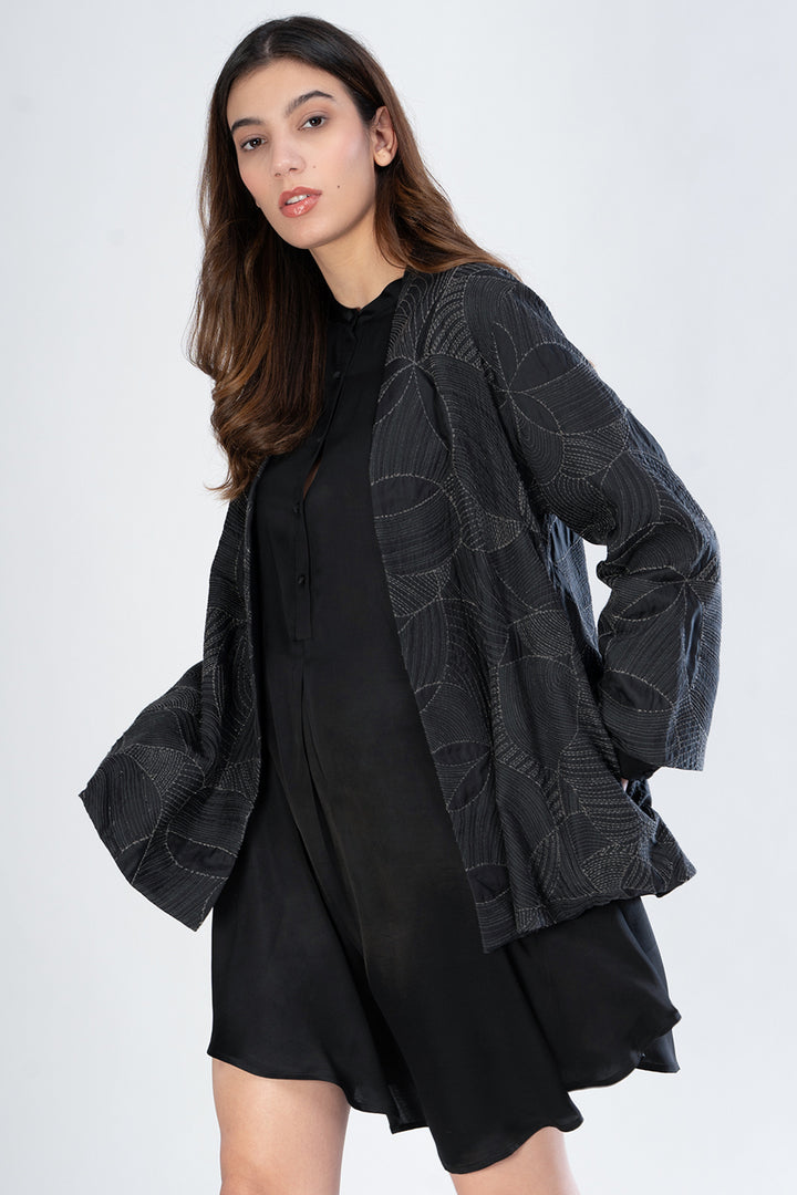 Black Embroidered Quilted Silk Jacket