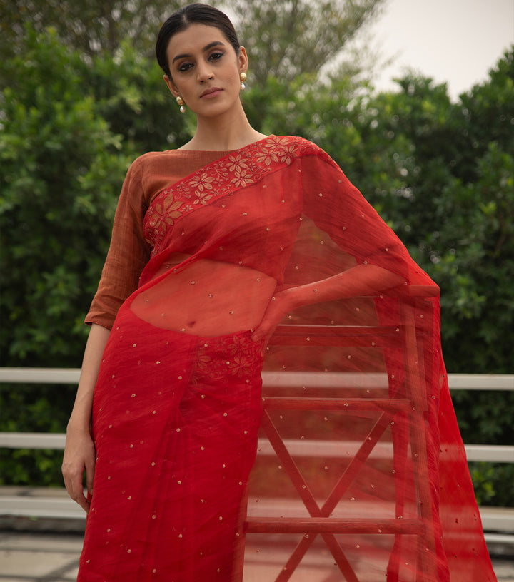 Rust Embroidered Organza Saree