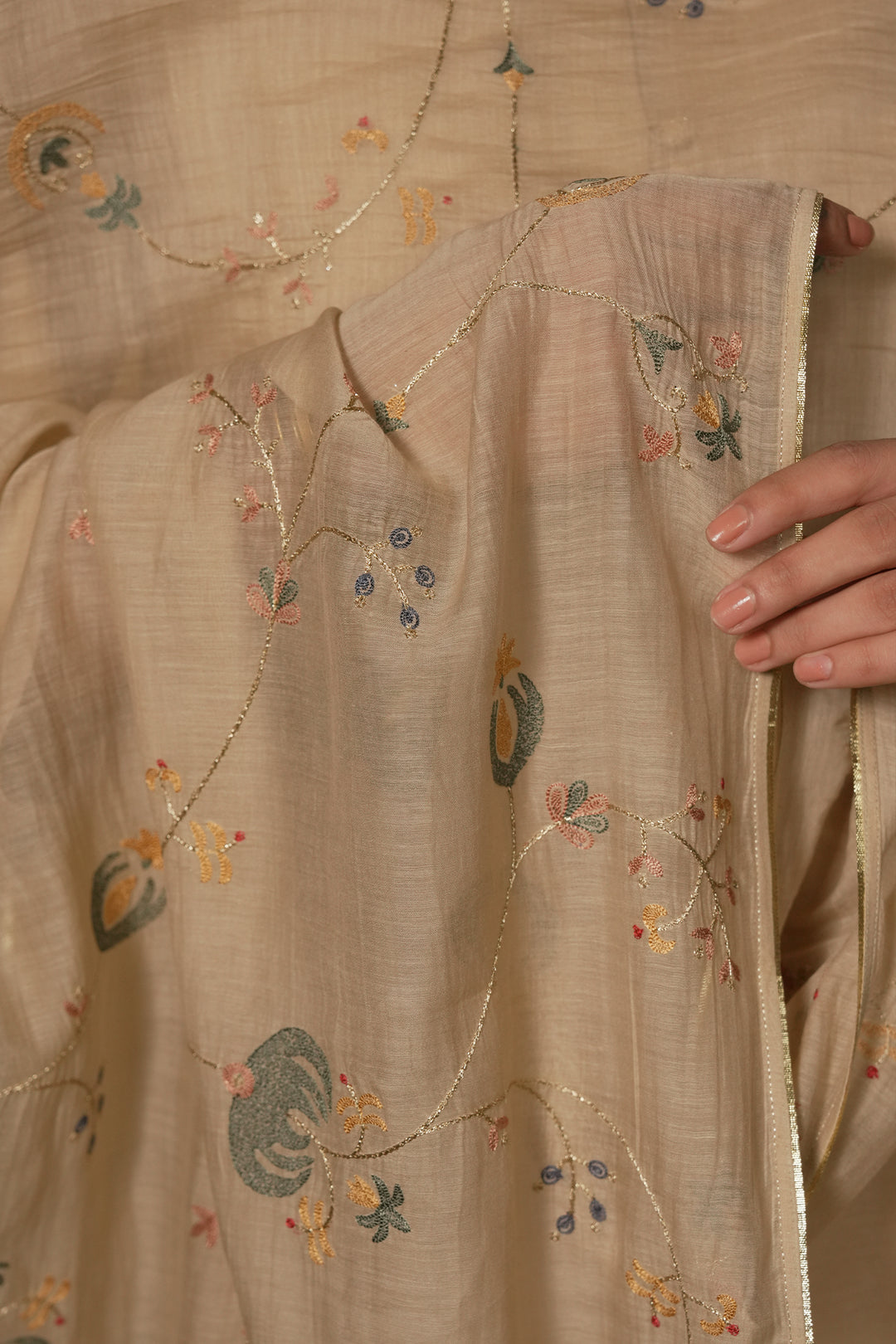 Beige Hand Embroidered Chanderi Dupatta
