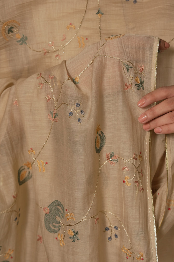 Beige Hand Embroidered Chanderi Dupatta