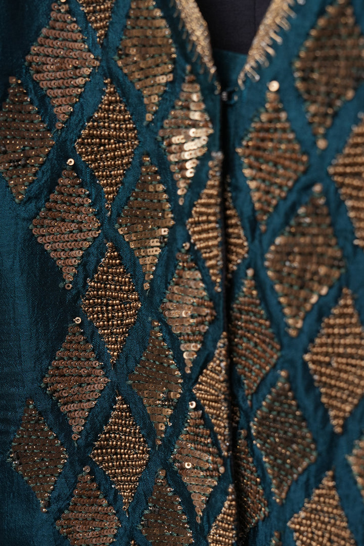 Teal Blue Hand Embroidered Silk Jacket
