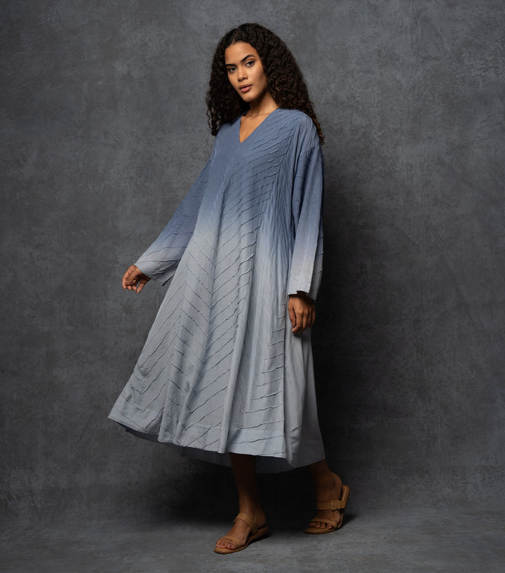Blue Ombre Thread Embroidered Cotton Dress