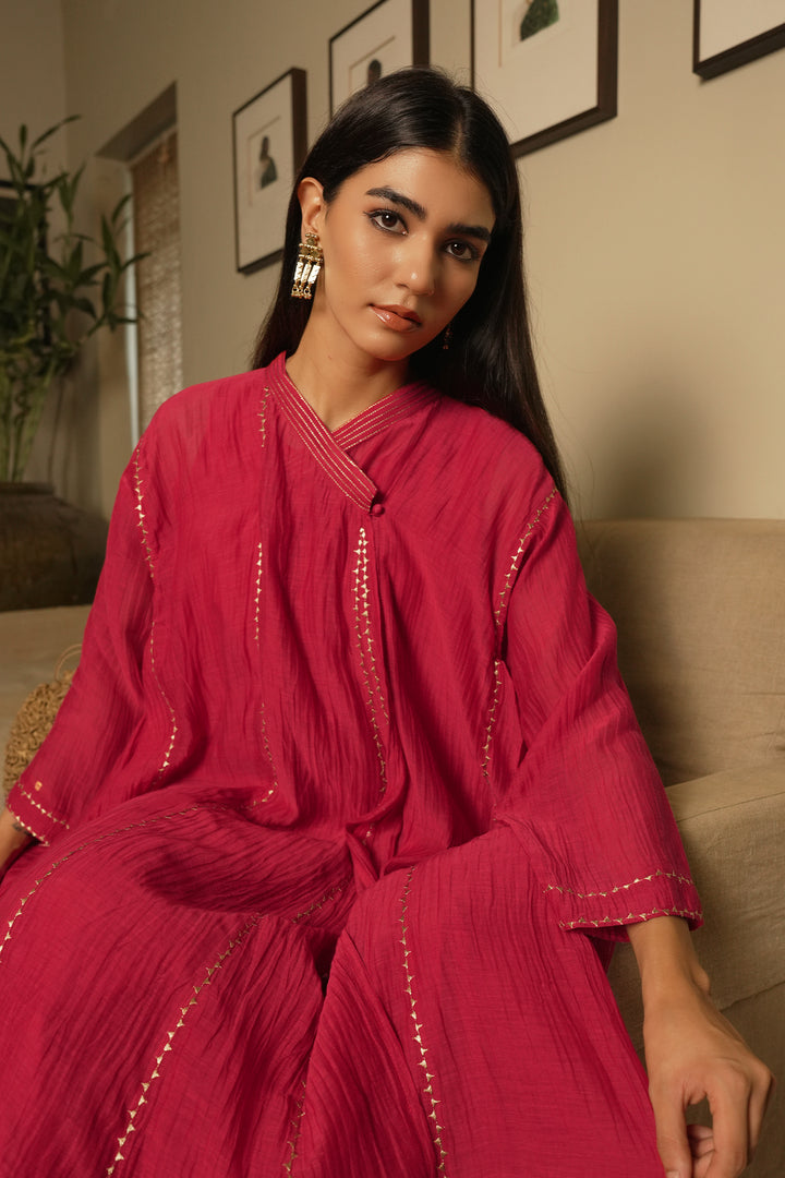 Hot Pink Embroidered Chanderi Choga