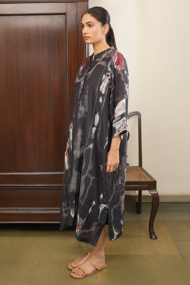 Black Abstract Print Chanderi Kaftan