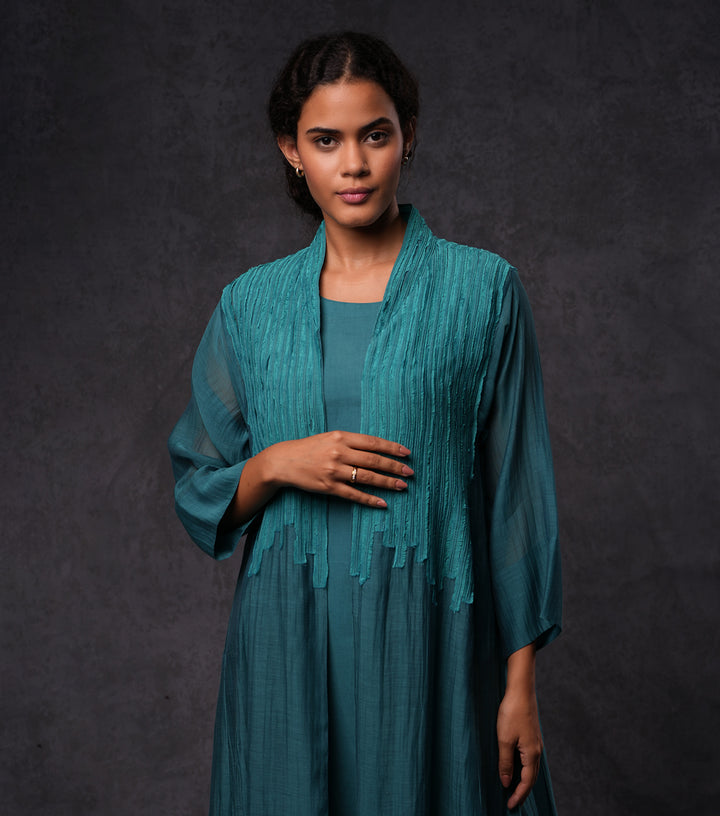 Teal Embroidered Cotton Silk Cape Set