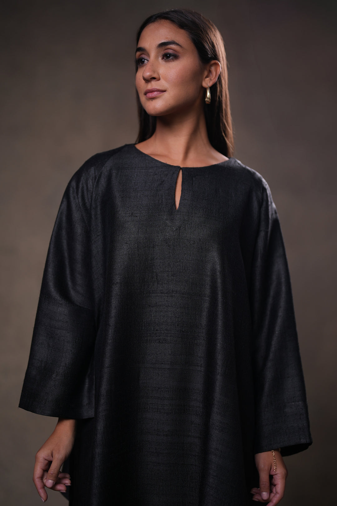 Layered Black Tussar Silk Dress with Oversized Tunic