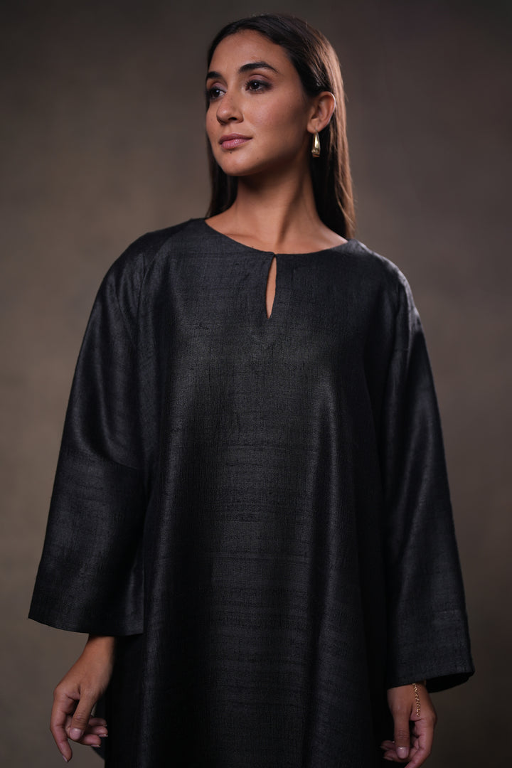 Layered Black Tussar Silk Dress with Oversized Tunic