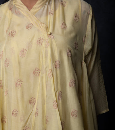 Pastel Yellow Thread Embroidered Muslin Choga