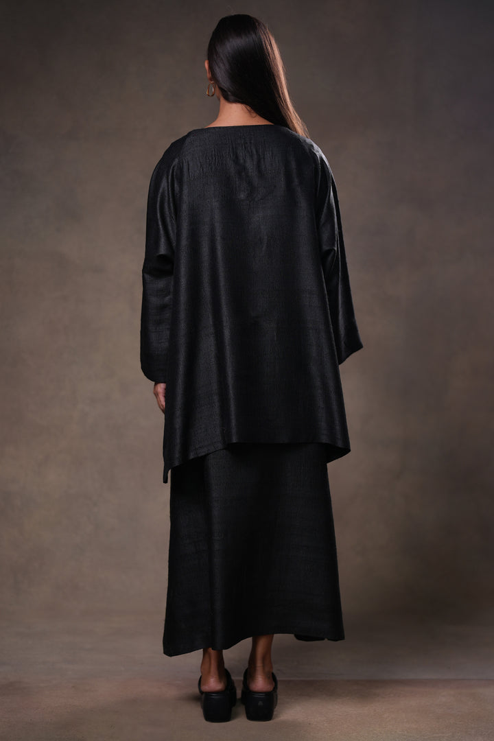 Layered Black Tussar Silk Dress with Oversized Tunic