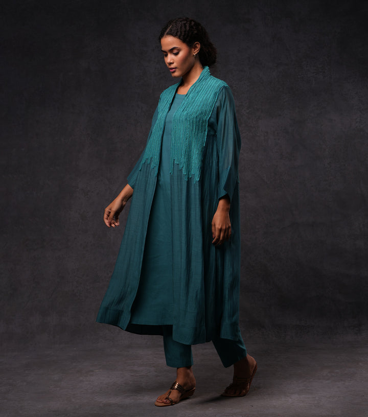 Teal Embroidered Cotton Silk Cape Set
