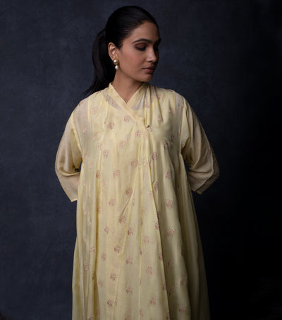 Pastel Yellow Thread Embroidered Muslin Choga