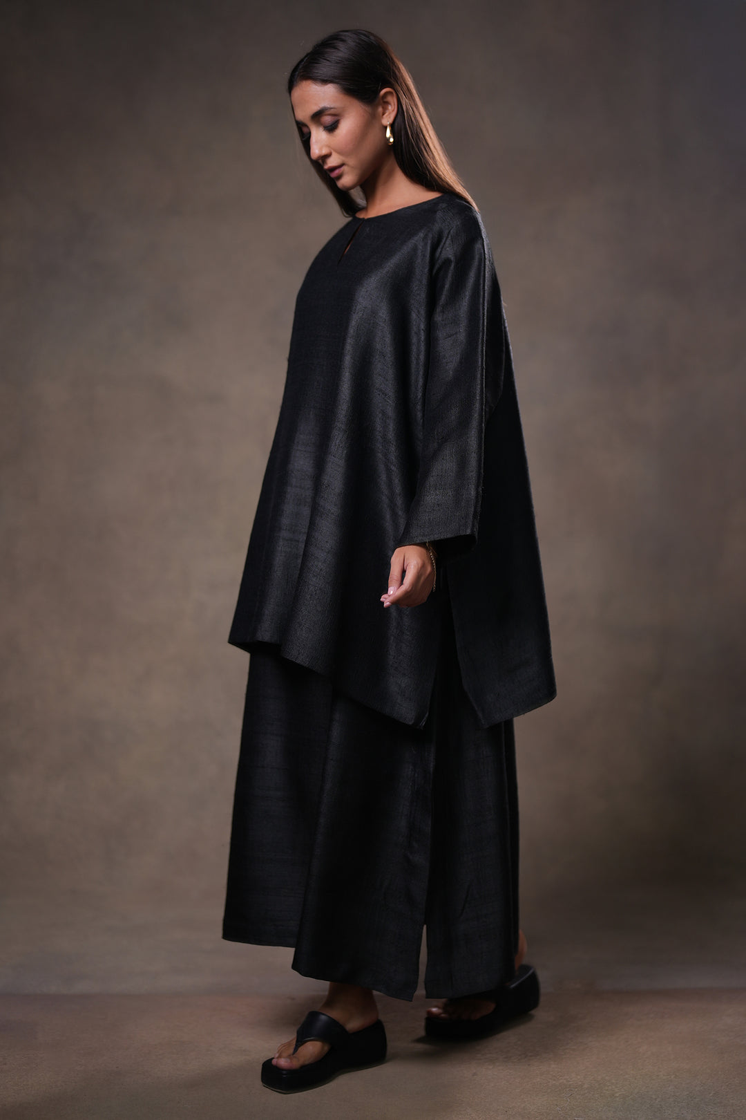 Layered Black Tussar Silk Dress with Oversized Tunic