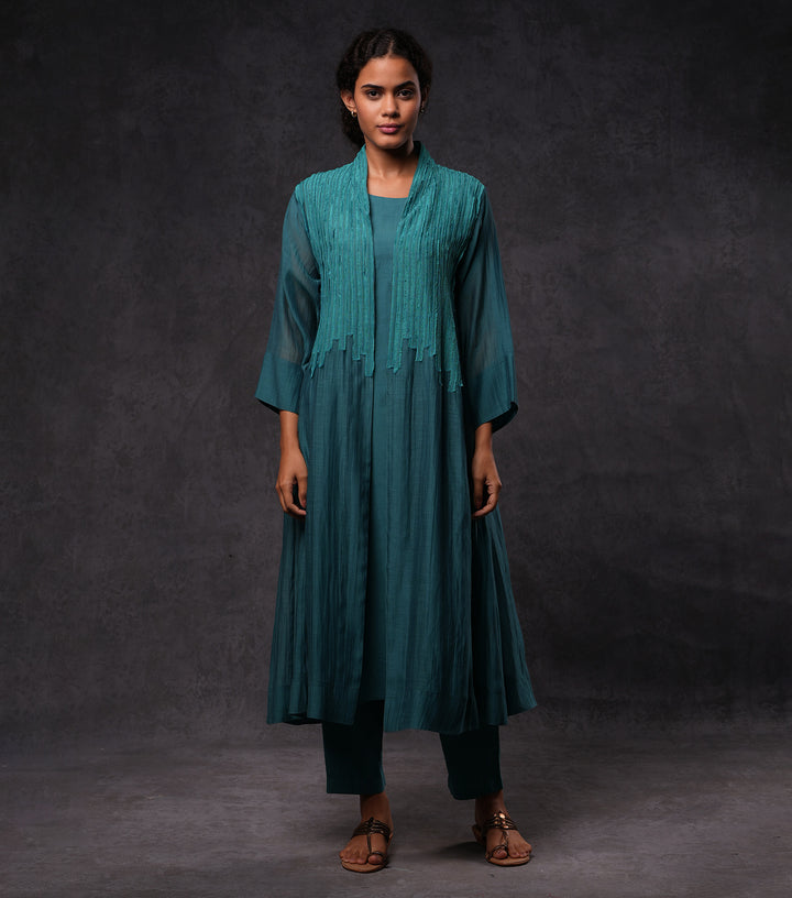 Teal Embroidered Cotton Silk Cape Set