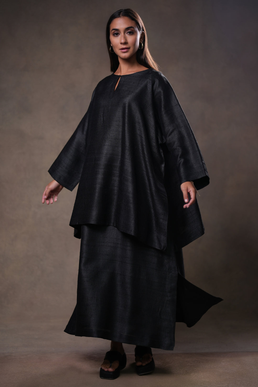 Layered Black Tussar Silk Dress with Oversized Tunic
