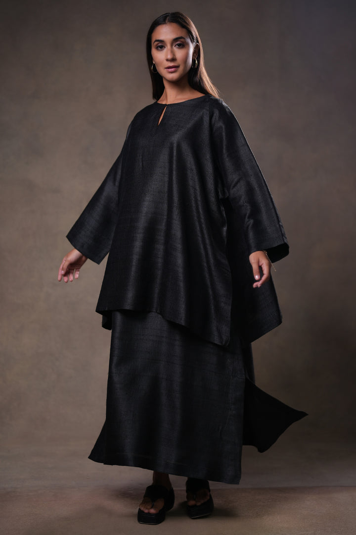 Layered Black Tussar Silk Dress with Oversized Tunic
