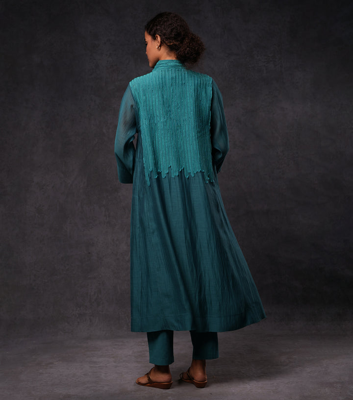 Teal Embroidered Cotton Silk Cape Set