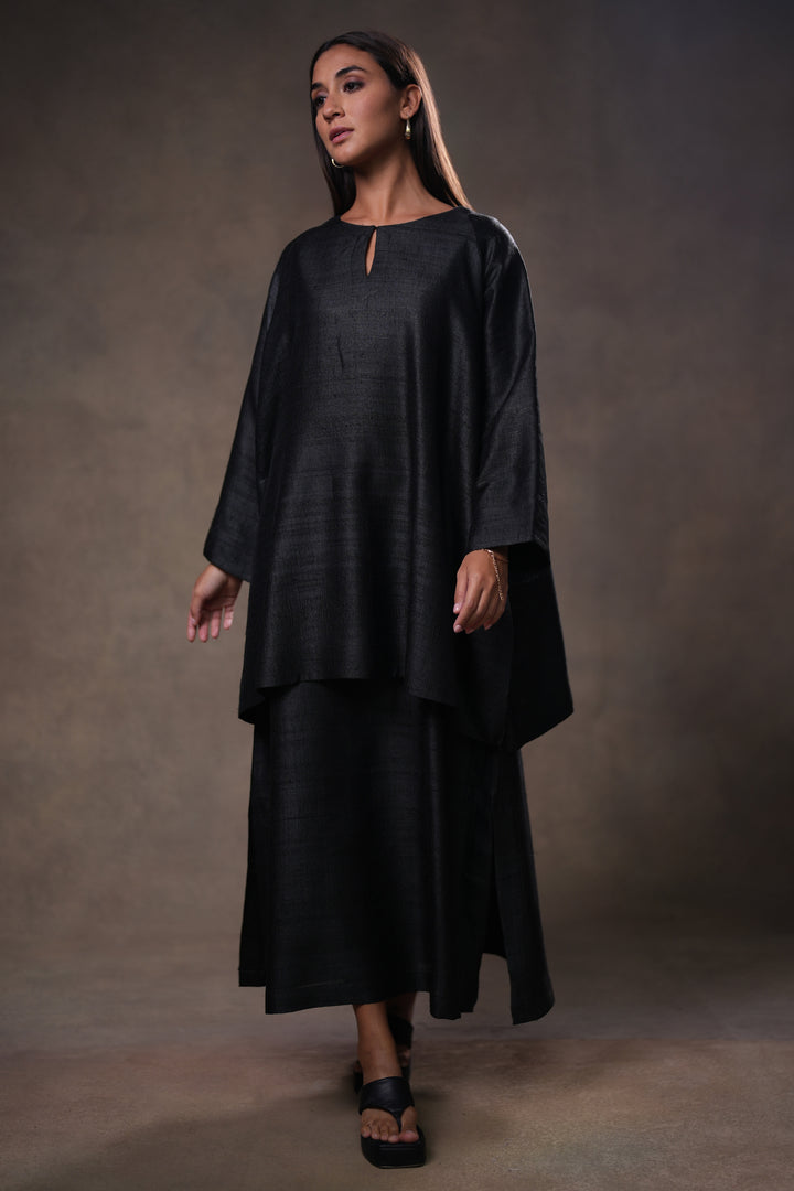 Layered Black Tussar Silk Dress with Oversized Tunic