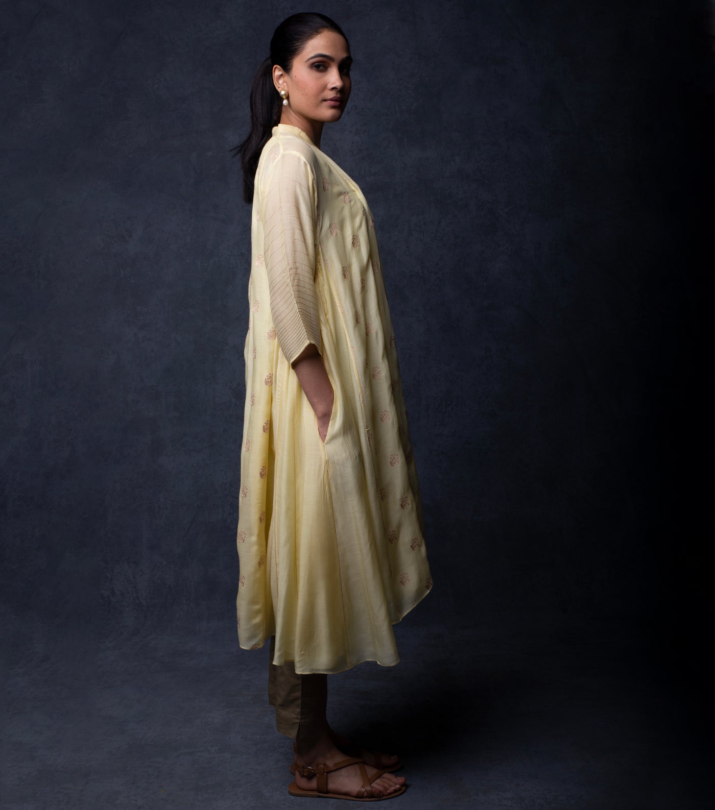 Pastel Yellow Thread Embroidered Muslin Choga