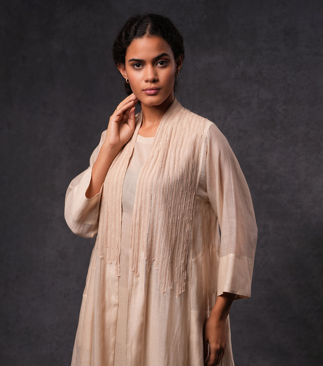 Beige Embroidered Cotton Silk Cape Set