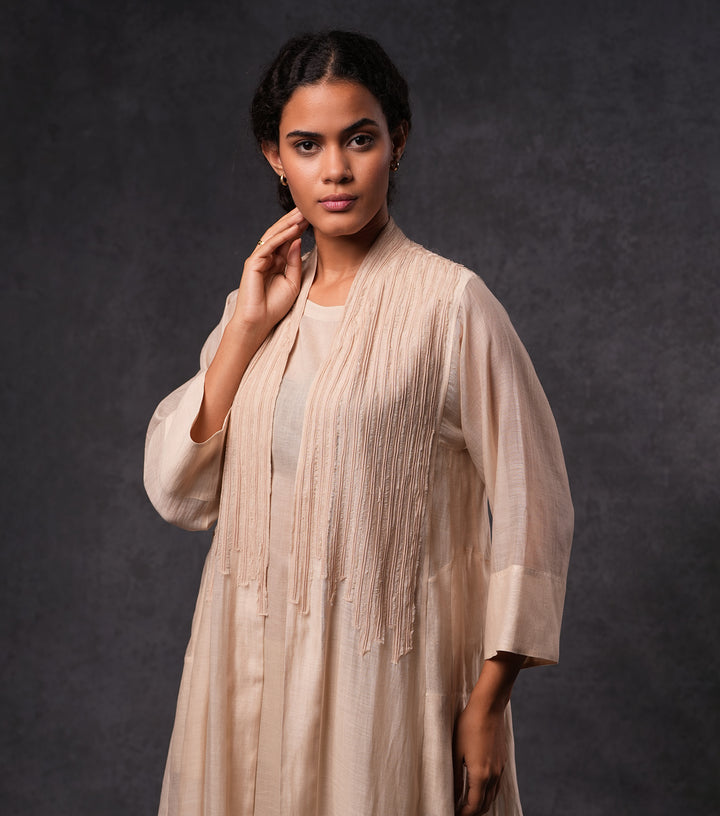 Beige Embroidered Cotton Silk Cape Set