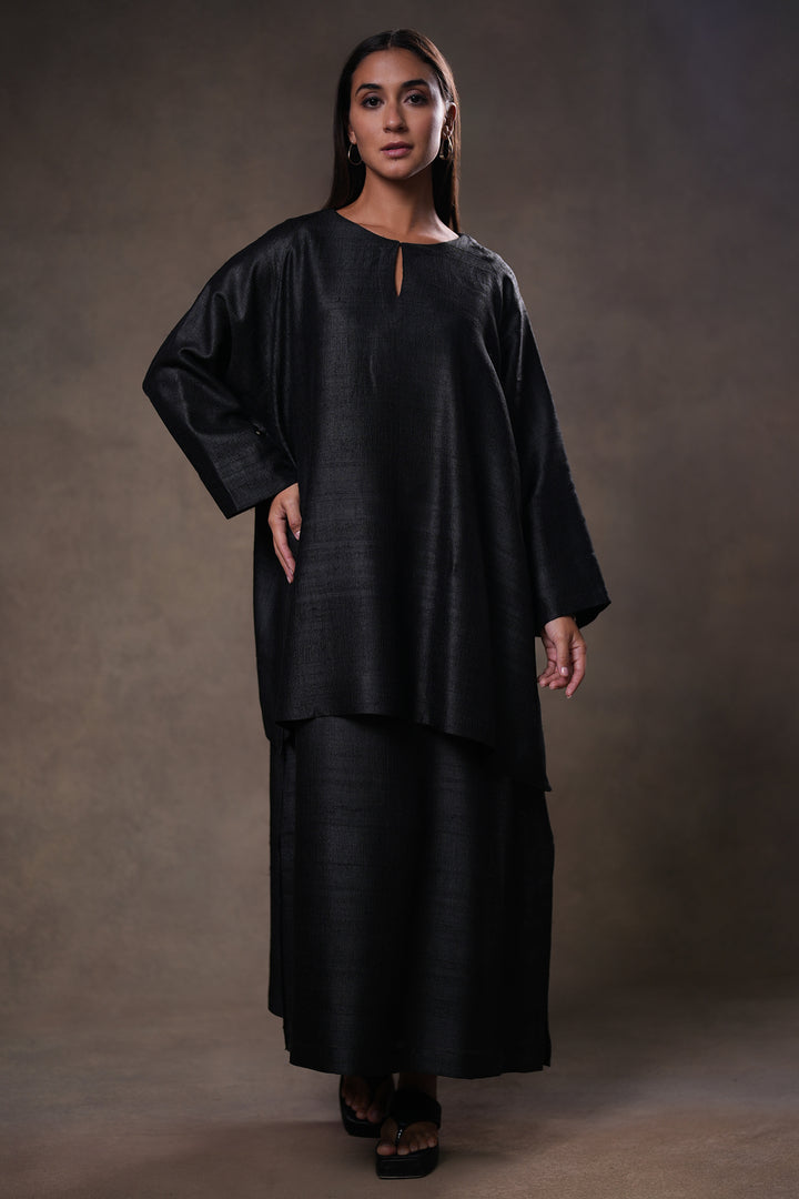 Layered Black Tussar Silk Dress with Oversized Tunic