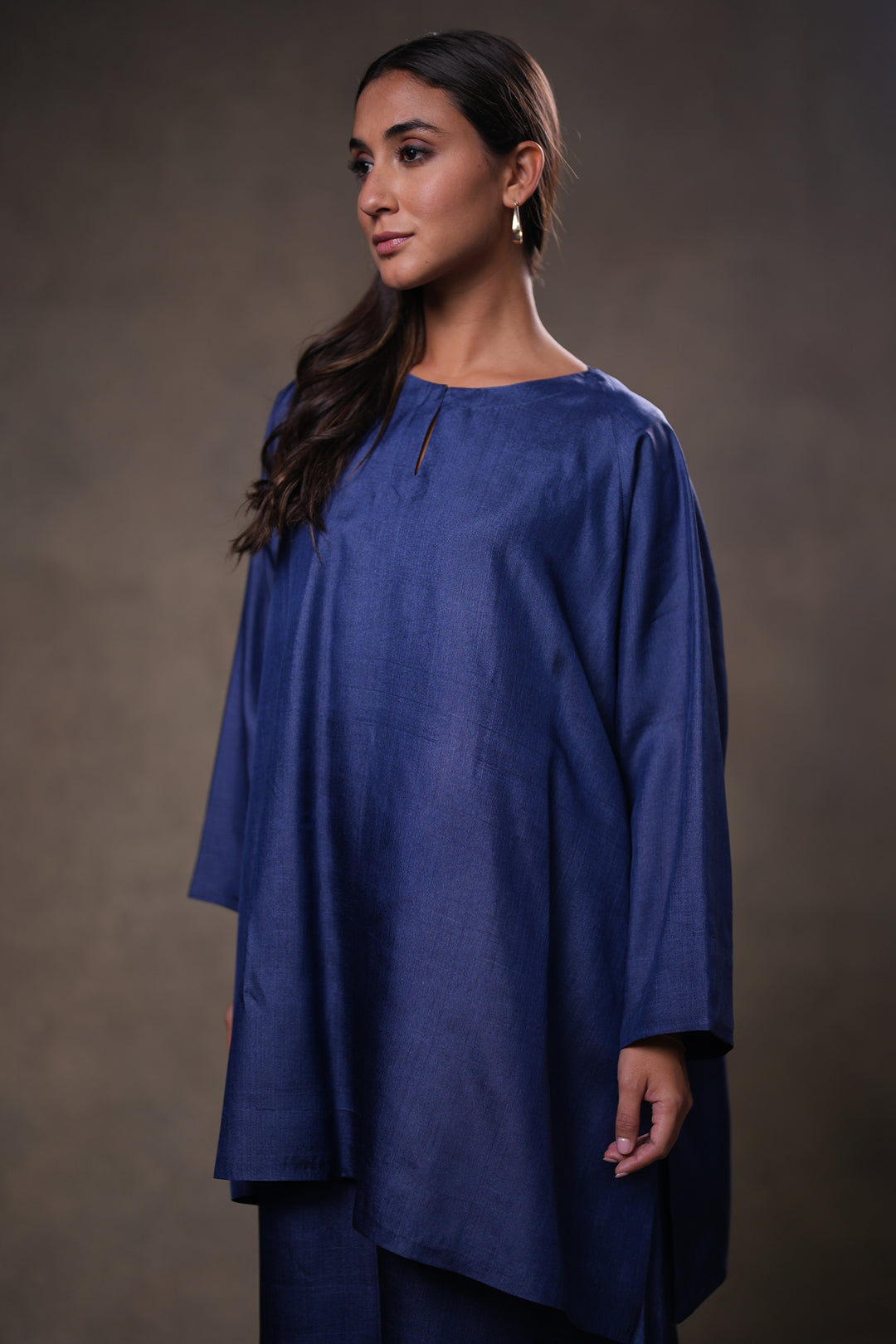 Layered Indigo Blue Tussar Silk Dress with Oversized Tunic