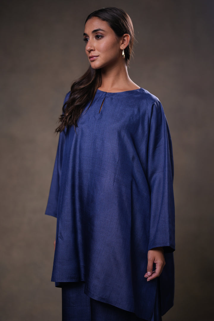 Layered Indigo Blue Tussar Silk Dress with Oversized Tunic