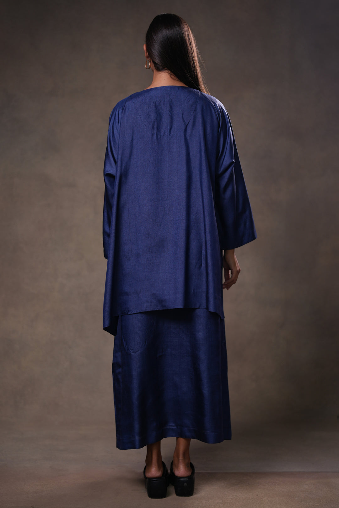 Layered Indigo Blue Tussar Silk Dress with Oversized Tunic