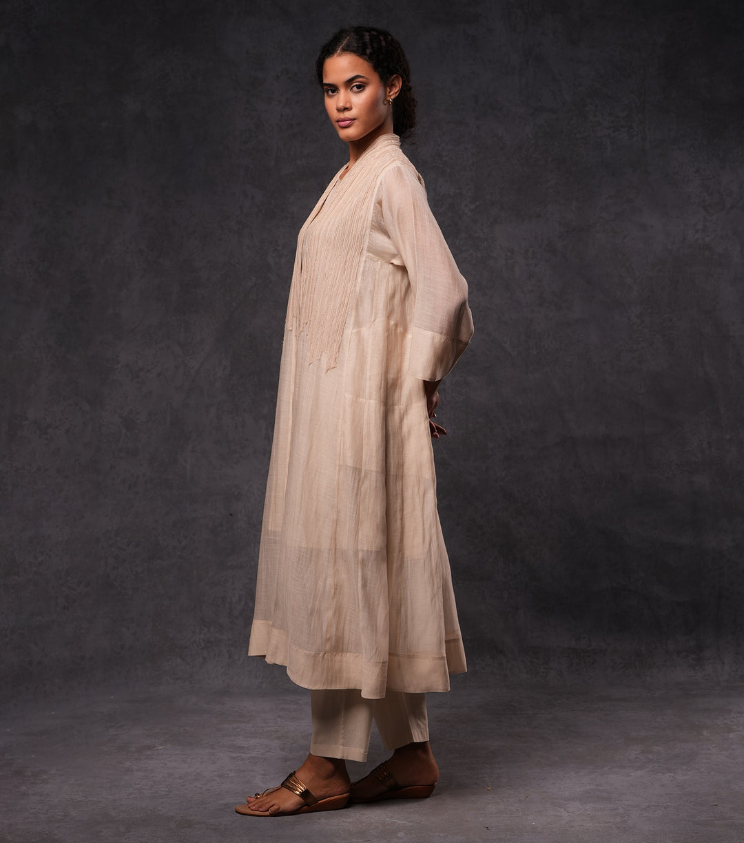 Beige Embroidered Cotton Silk Cape Set