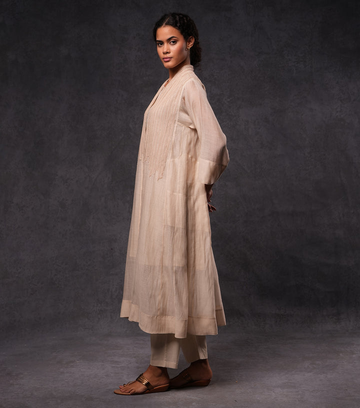 Beige Embroidered Cotton Silk Cape Set