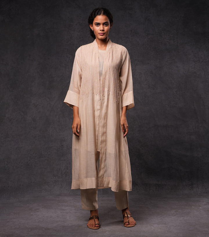 Beige Embroidered Cotton Silk Cape Set