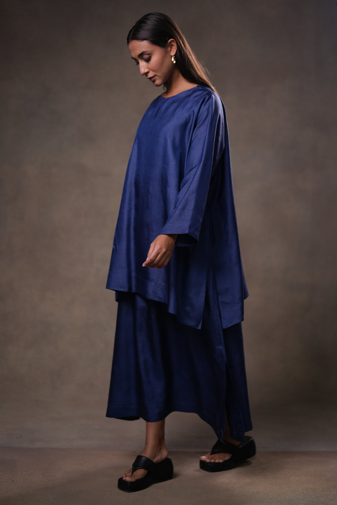Layered Indigo Blue Tussar Silk Dress with Oversized Tunic