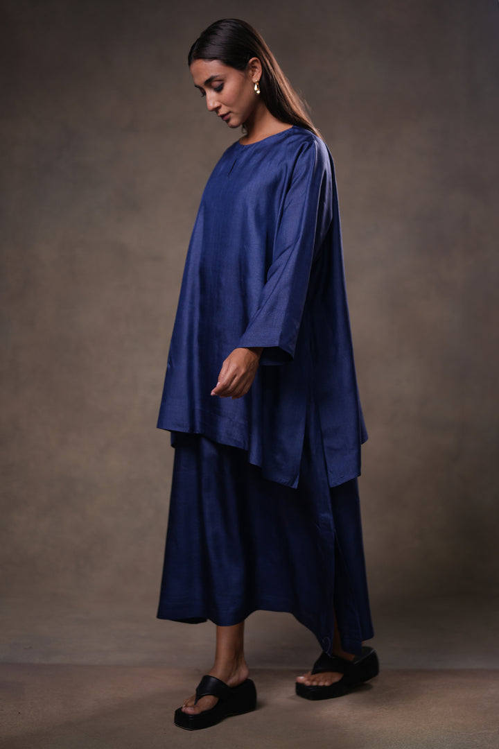 Layered Indigo Blue Tussar Silk Dress with Oversized Tunic